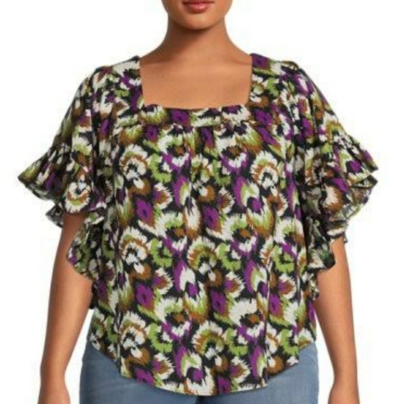 Terra & Sky Peasant Top 4X 28W 30W Ruffle Short Sleeve Square Black Purple NWT - Picture 1 of 9